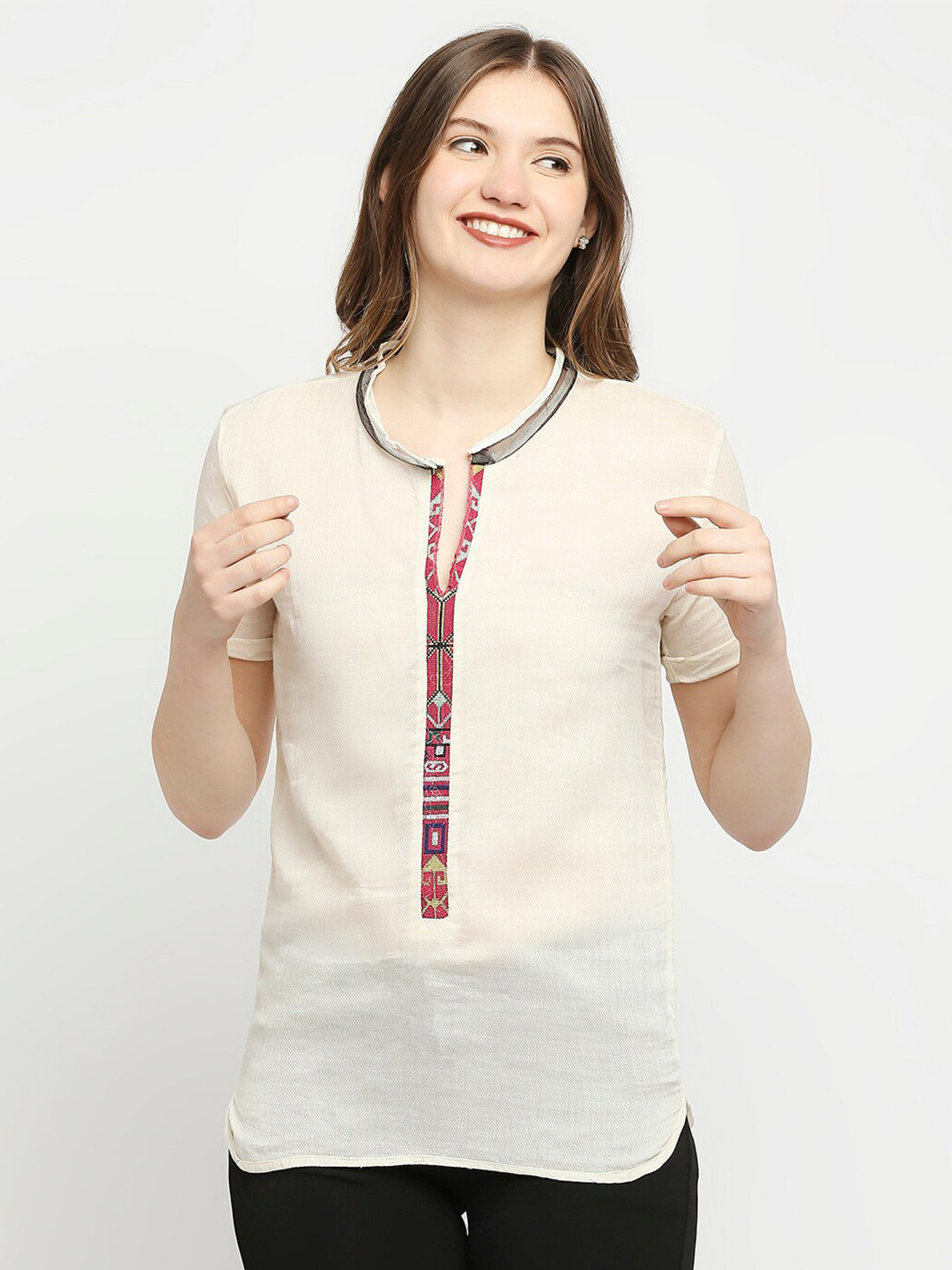 aaliya White Mandarin Collar Top