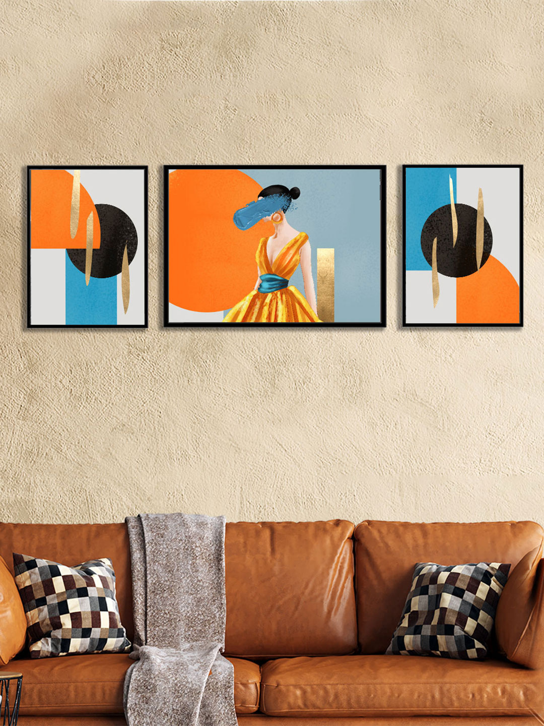 Art Street Set Of 3 Blue & Orange Abstract Painting Canvas Wall Art