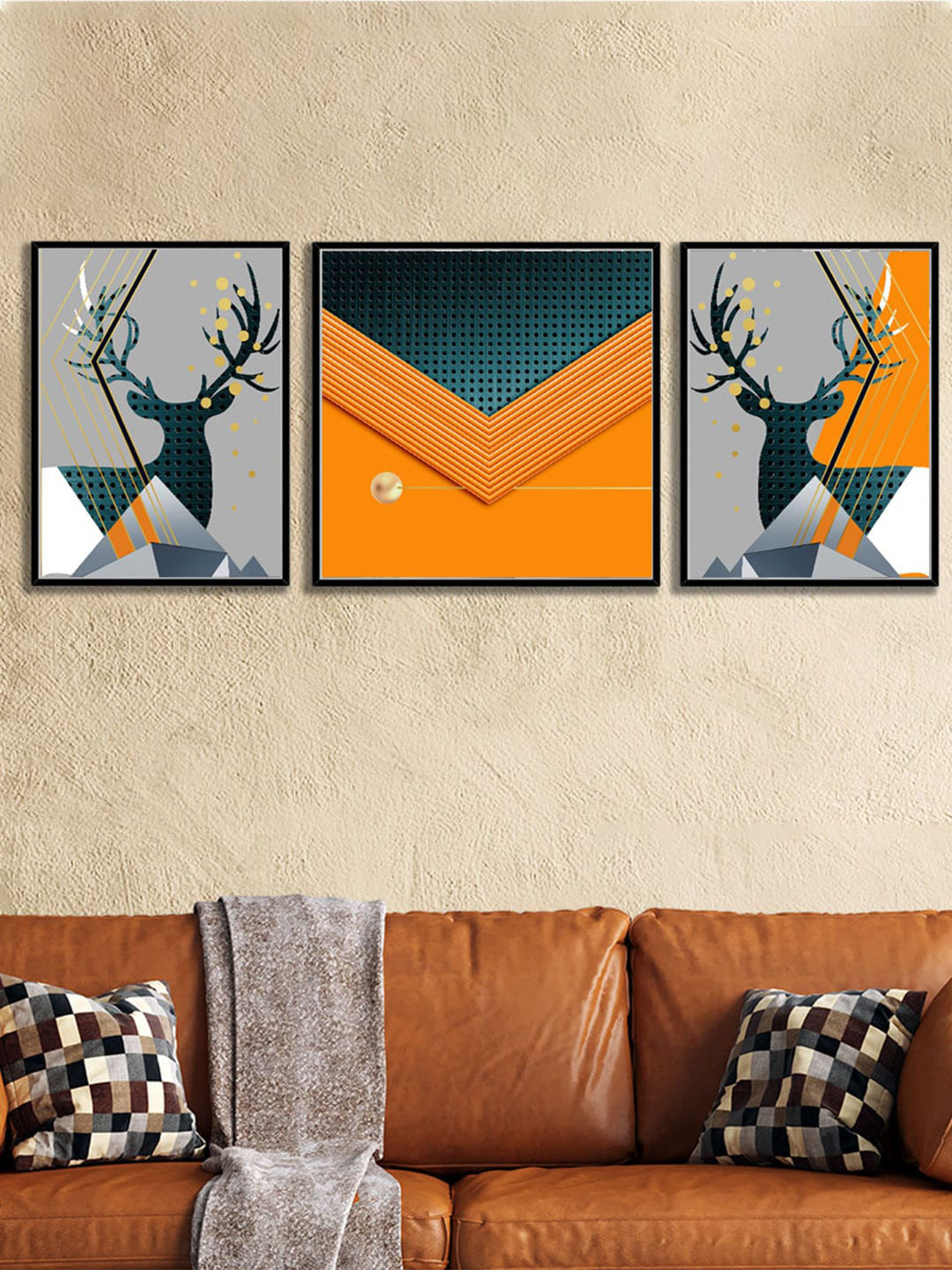 Art Street Set Of 3 Blue & Orange-Coloured Abstract Painting Wall Art