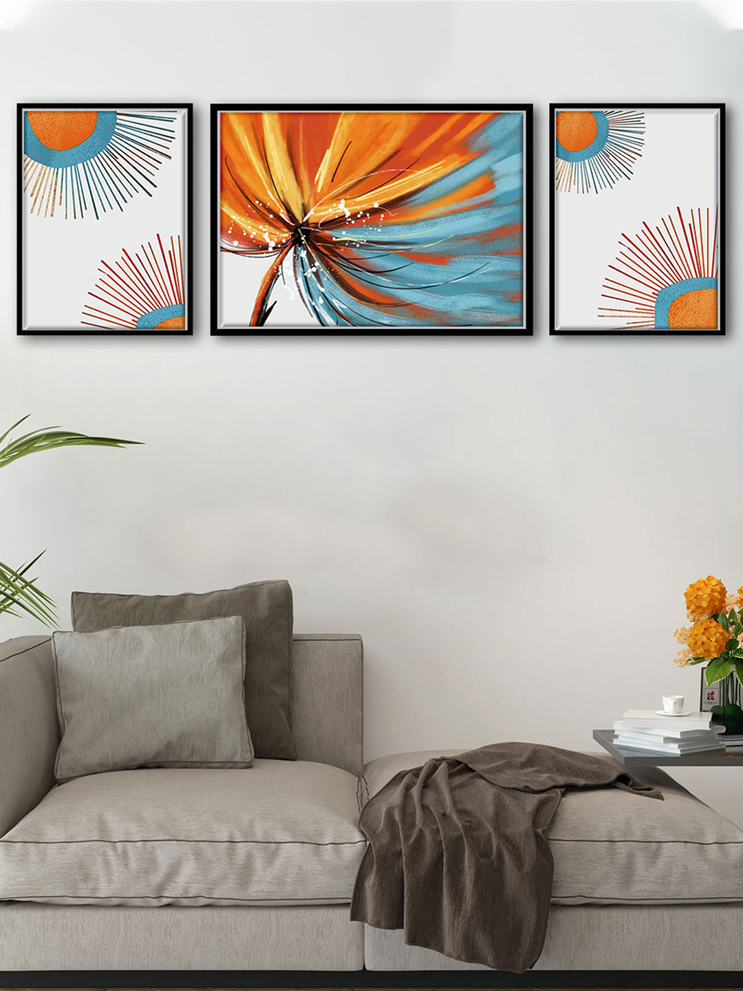 Art Street Set Of 3 Blue & Yellow Abstract Painting Canvas Wall Art