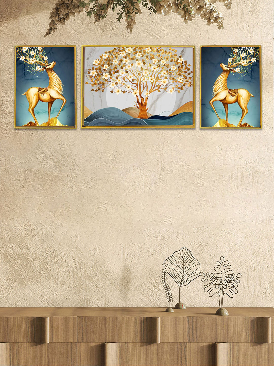 Art Street Deer White Auspicious Tree Canvas 3 Piece Wall Rectangle Paintings Wall Art