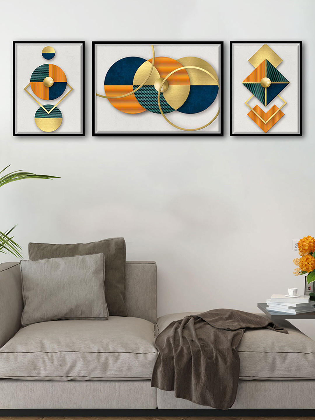 Art Street Set of 3 Minimalistic Geometric Canvas Wall Painting