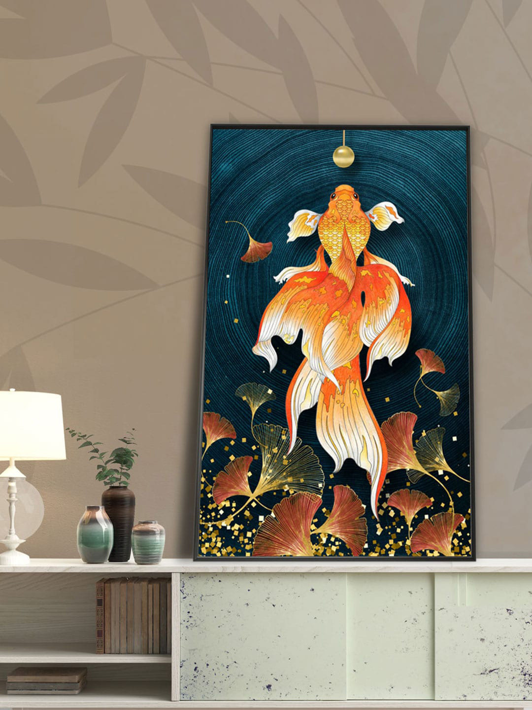 Art Street Blue & Orange Printed Gingko Livefish Canvas Painting Wall Art