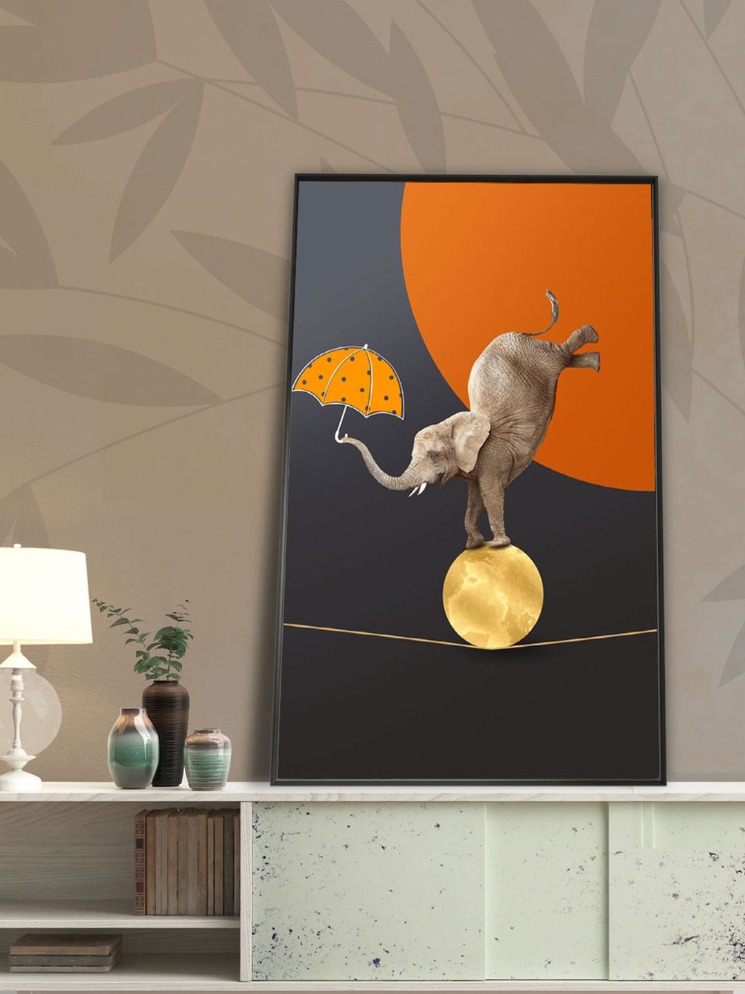 Art Street Black & Orange Elephant Framed Canvas Painting Wall Art