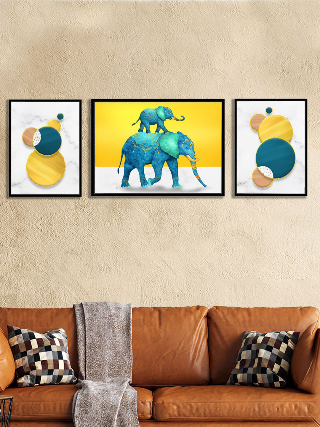Art Street Set of 3 Yellow Elephant Theme Canvas Painting