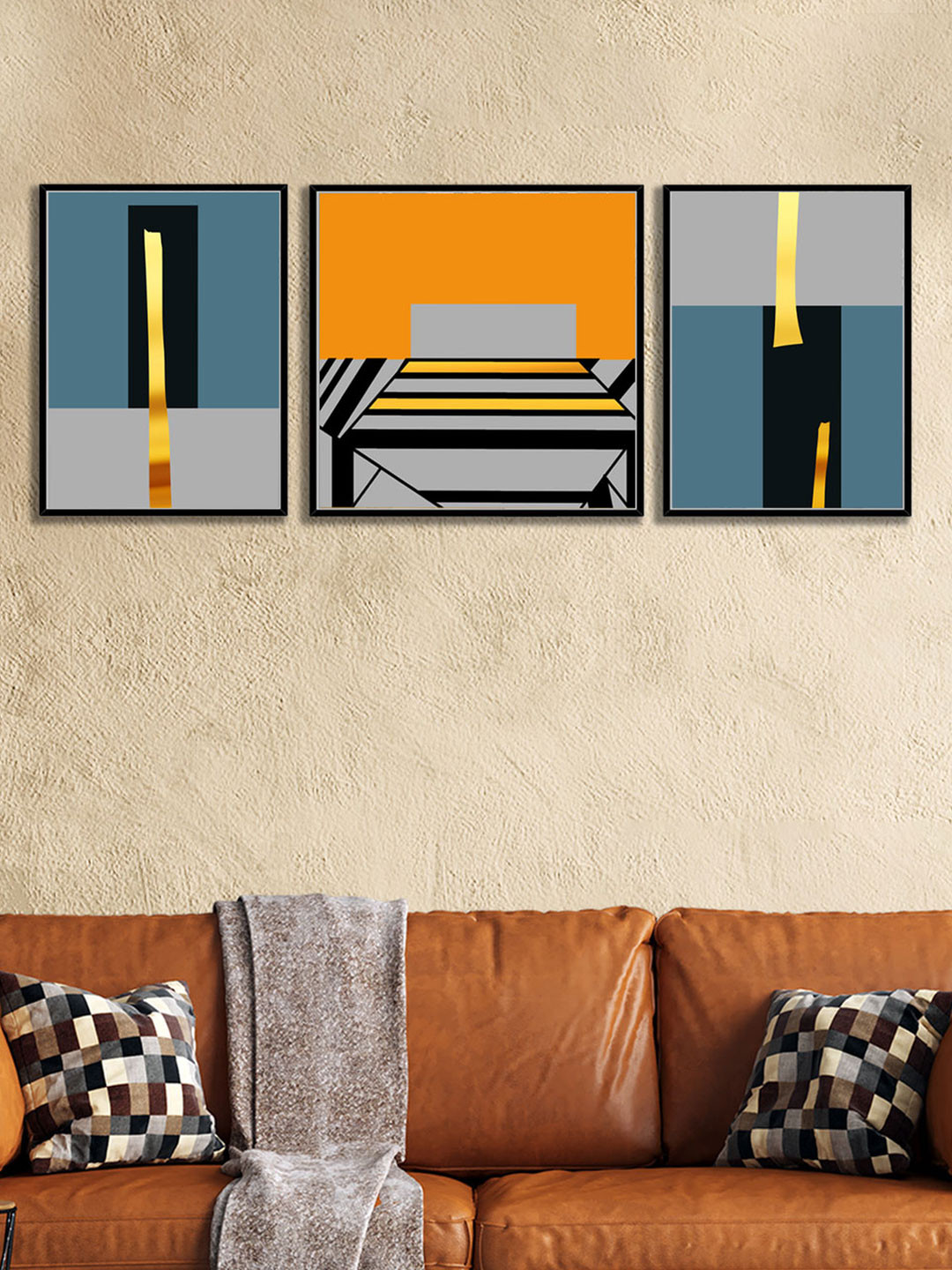 Art Street Set Of 3 Multicoloured Boho Lines Canvas Paintings
