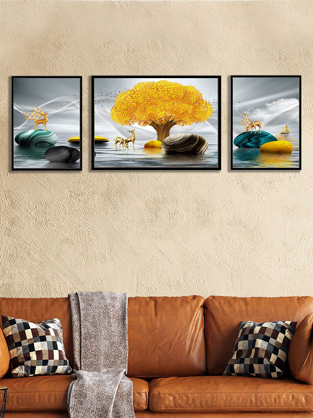Art Street Set of 3 Deer & Golden Tree Wall Painting