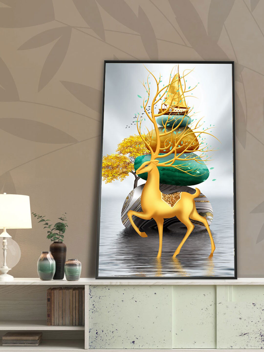 Art Street Grey & Yellow Printed Golden Deer Wall Art