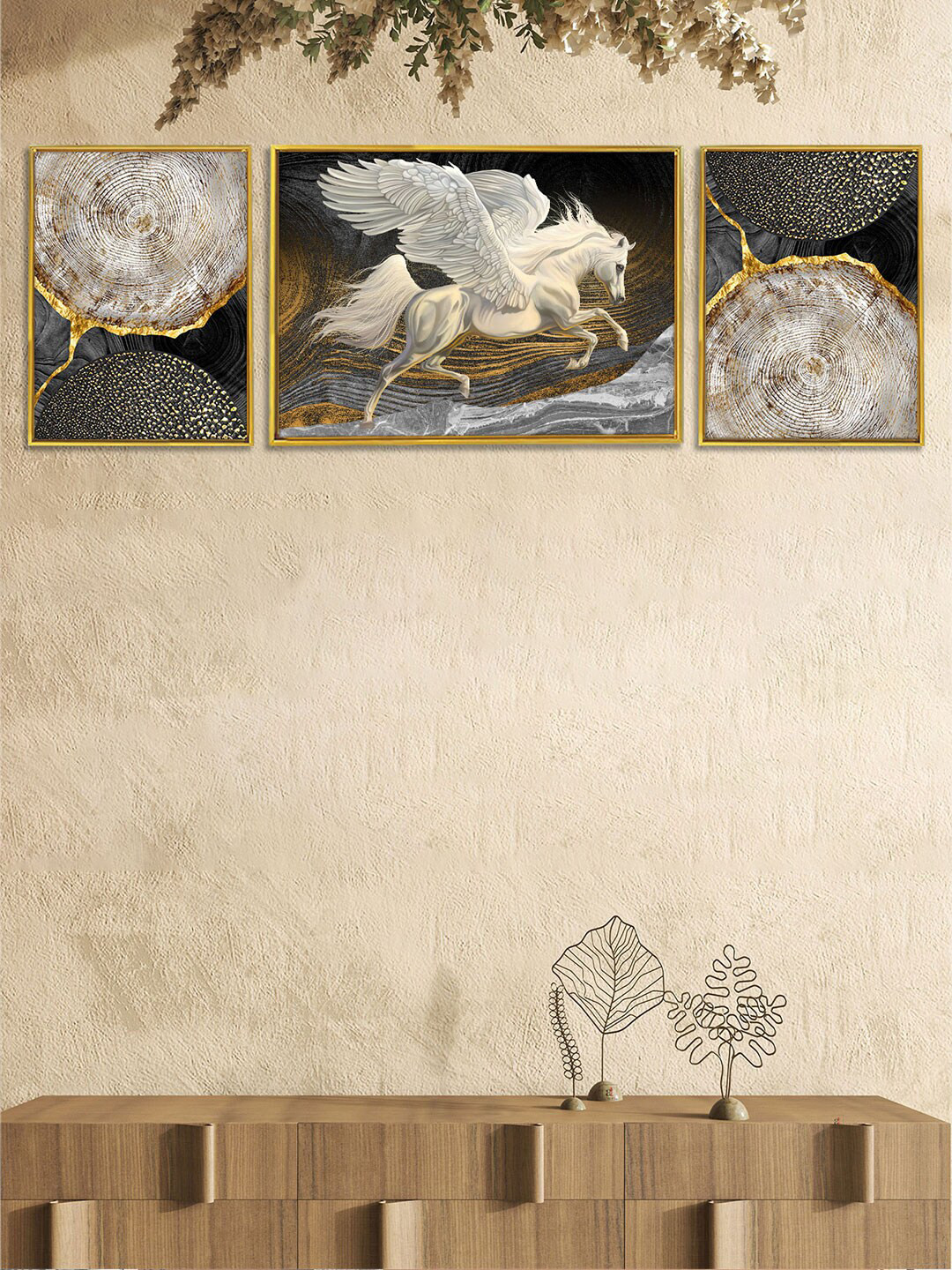 Art Street Set of 3 White Flying Horse Canvas Paintings