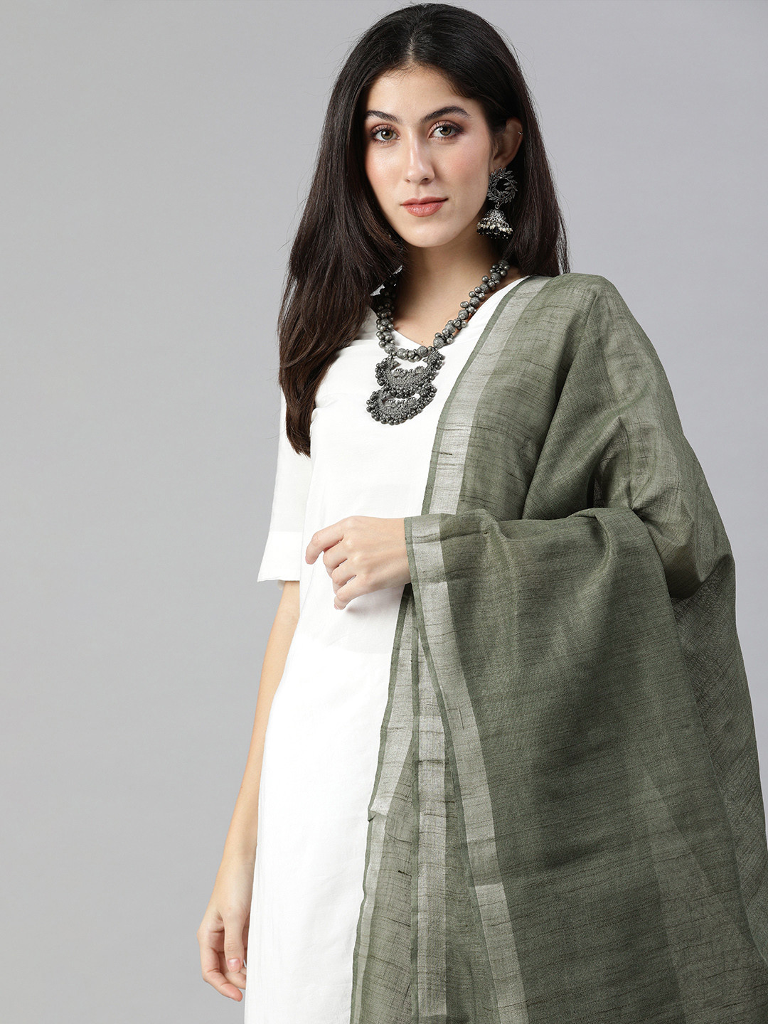 swatika Olive Green & Silver Woven Design Bhagalpuri Dupatta