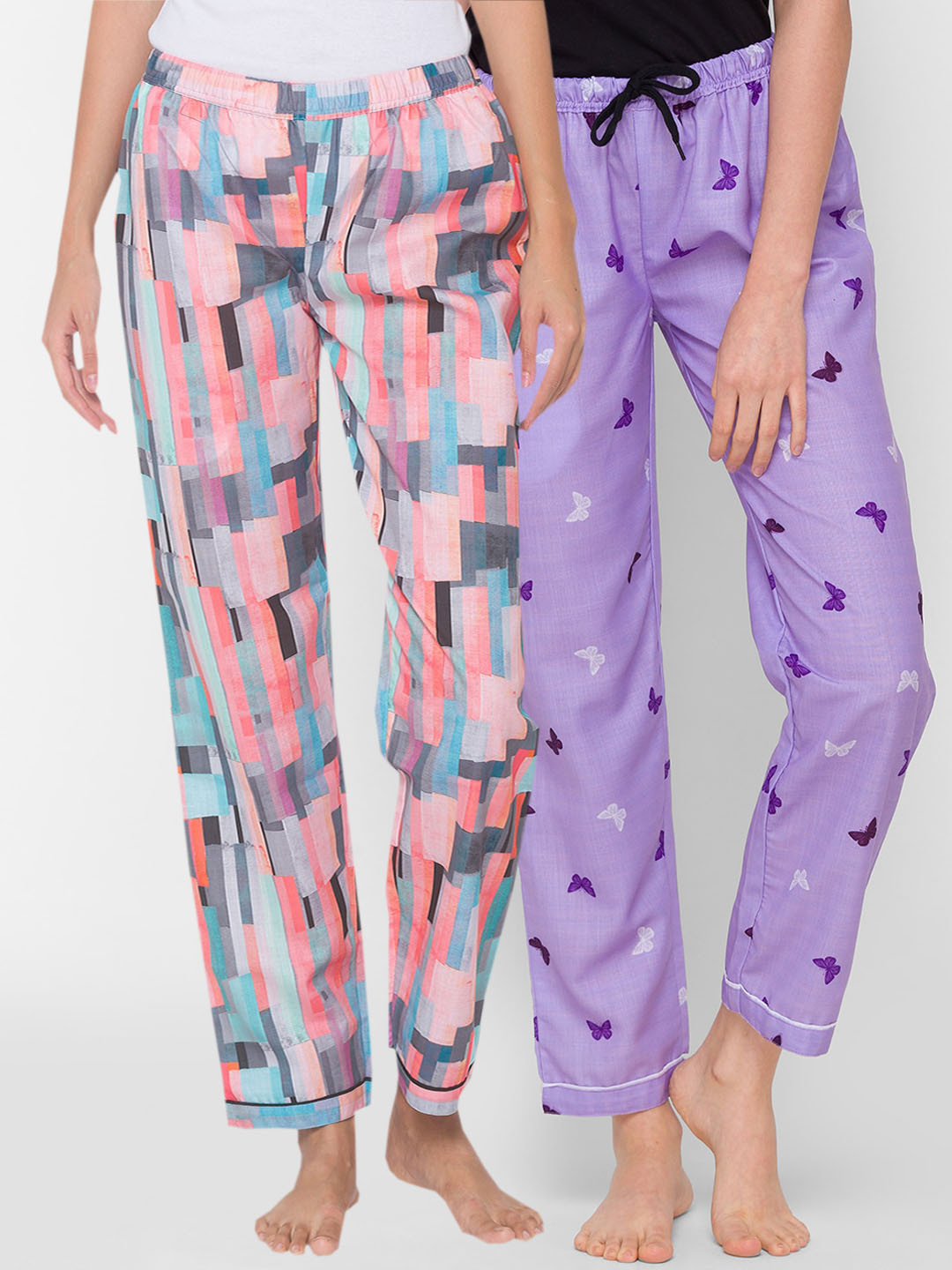 FashionRack Women Pink & Violet Pack of 2 Printed Cotton Lounge Pants