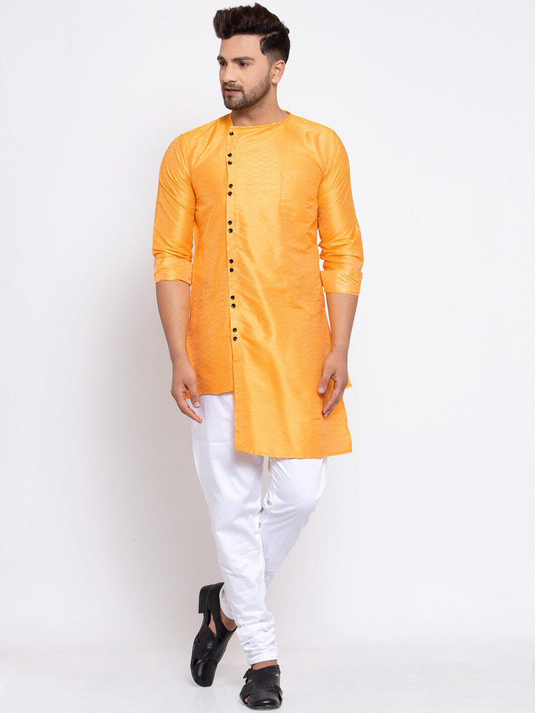 KLOTTHE Men Yellow and White Angrakha Kurta with Pyjamas