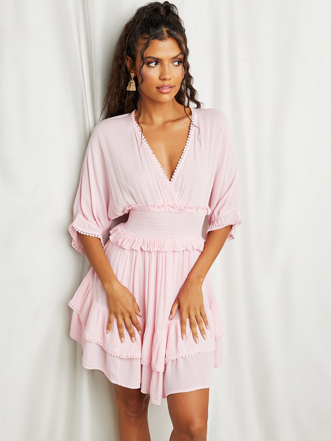 Styli Pink Shirred Waist V Neck A-Line Mini Dress