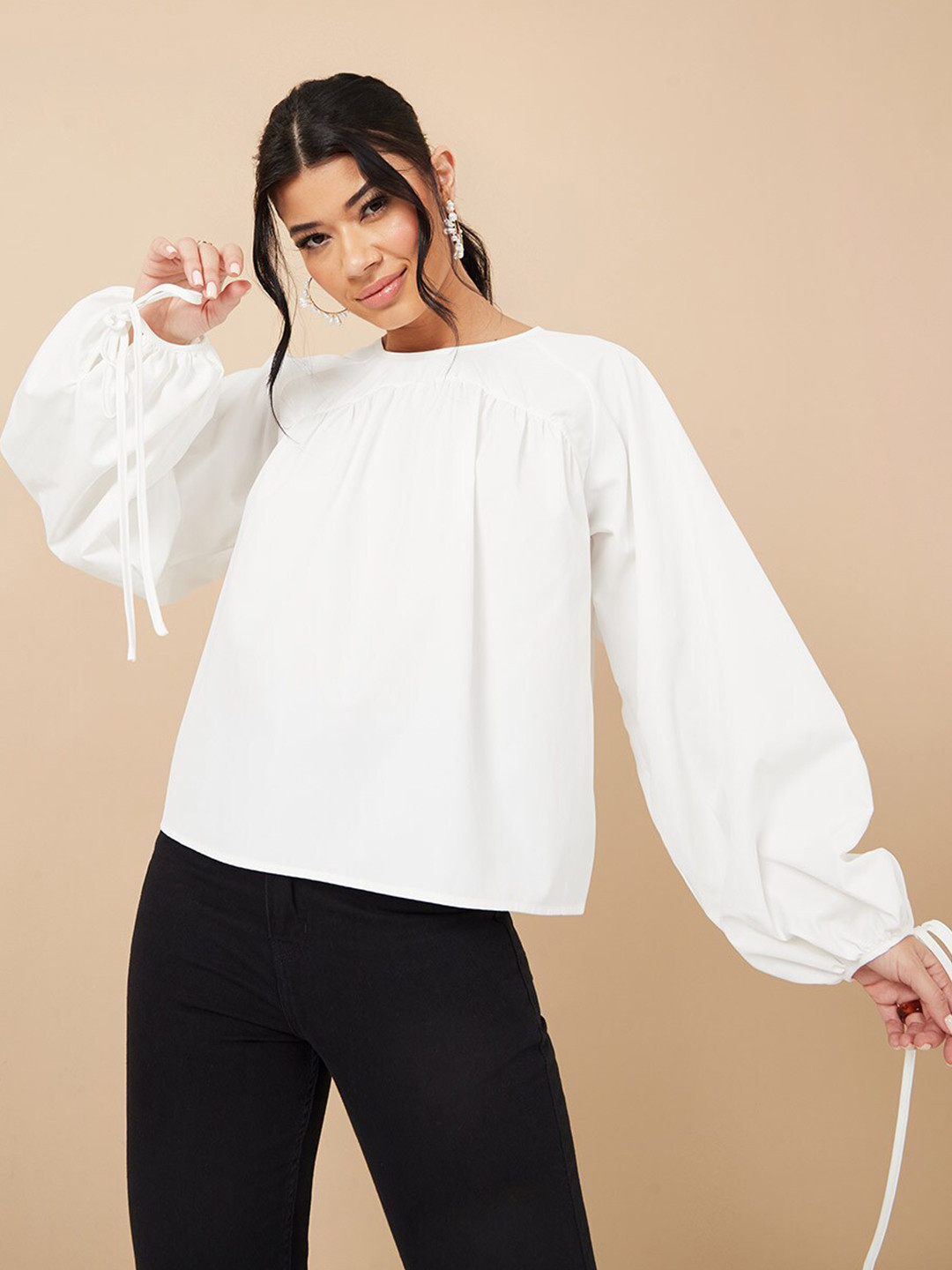 Styli Women White Tie Cuff Balloon Sleeves Round Neck Top