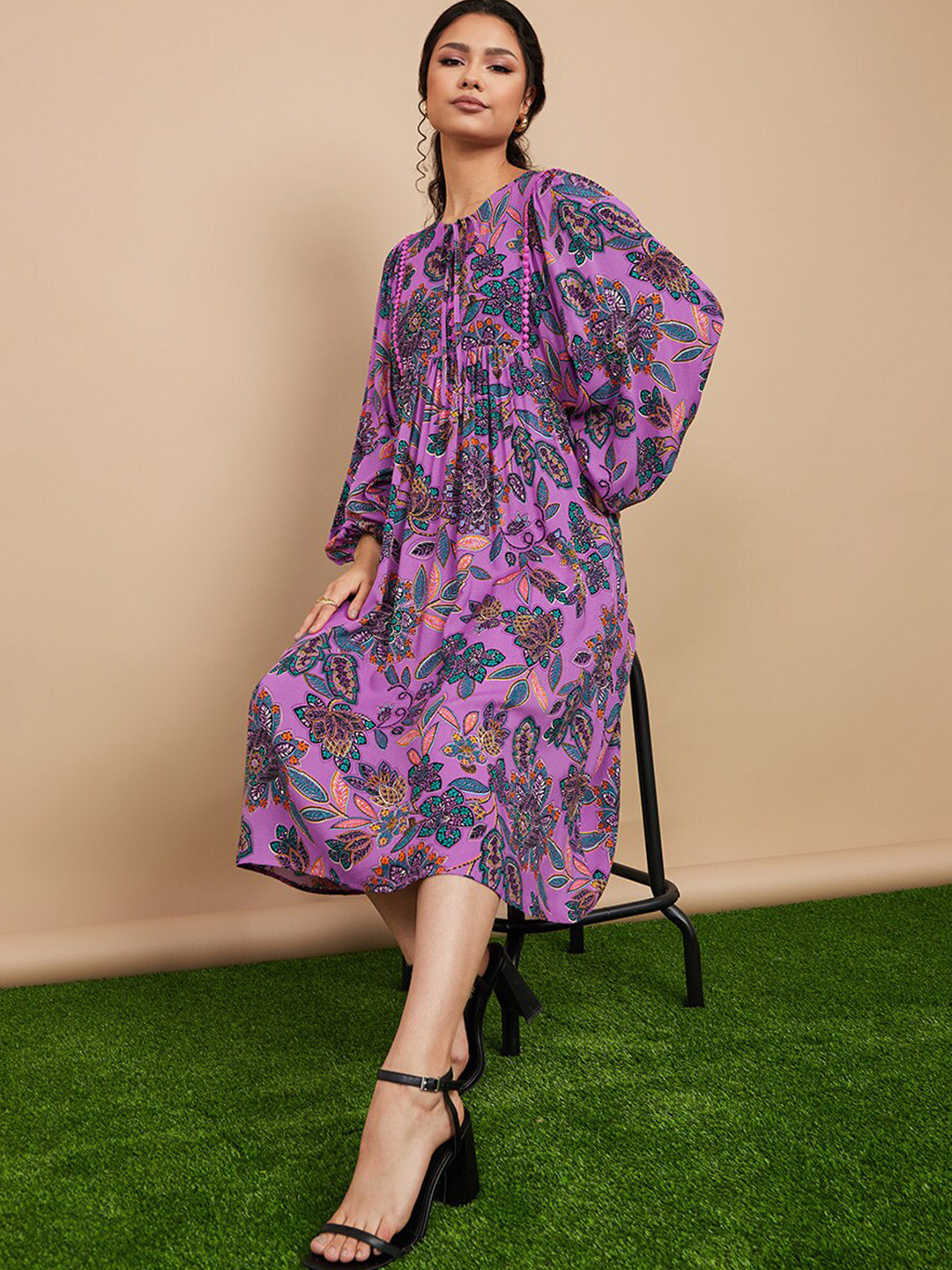 Styli Purple Long Volume Sleeves Printed A-Line Soft Viscose Midi Dress