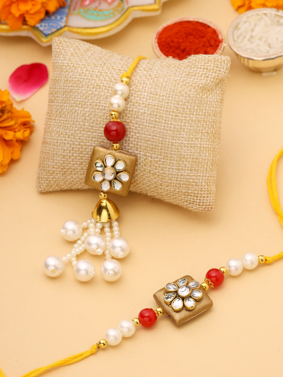 VIRAASI Set Of 2 Gold-Colored & White Kundan Meenakari Bhaiya Bhabhi Rakhi Set