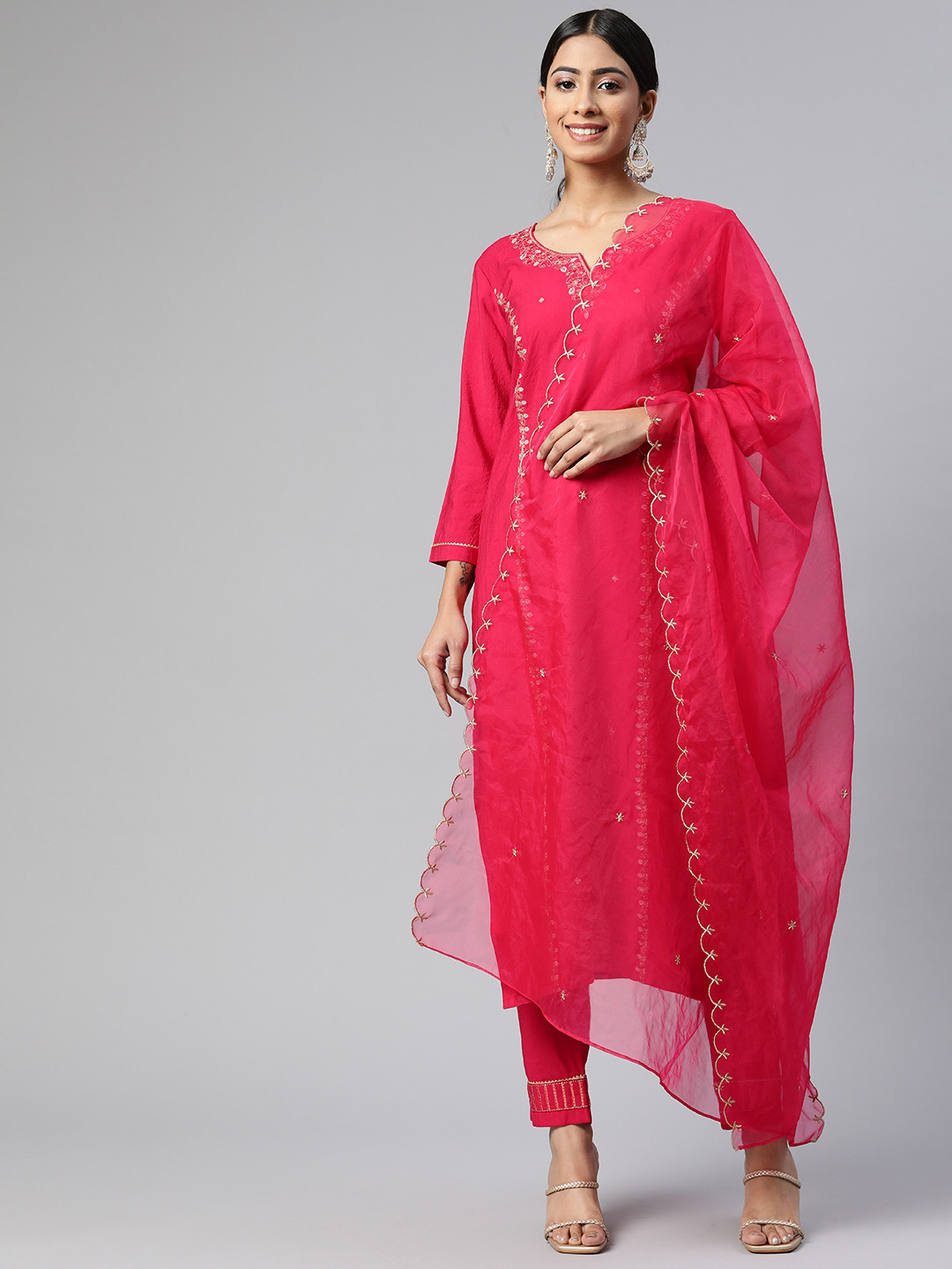 SheWill Women Pink Ethnic Motifs Embroidered Kurta with Trousers & Dupatta