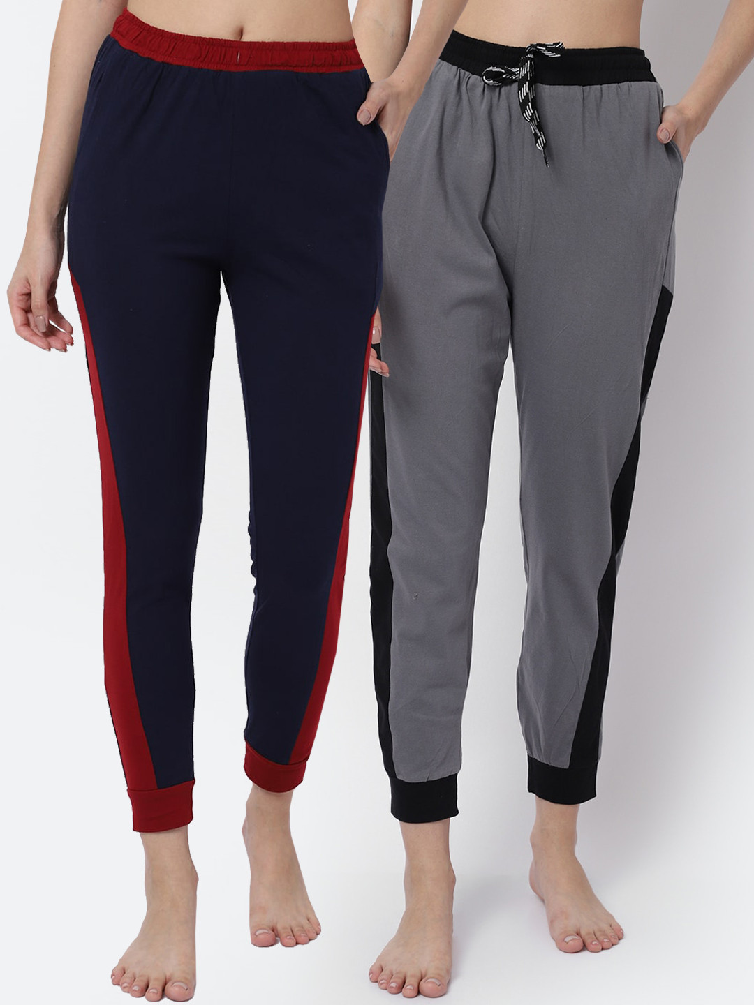 Claura Women Pak Of 2 Grey & Blue Solid Pure Cotton Lounge Joggers