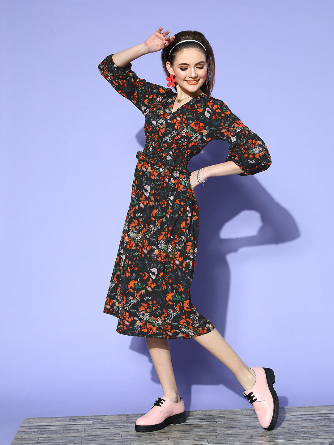 plusS Black & Orange Floral A-Line Midi Dress