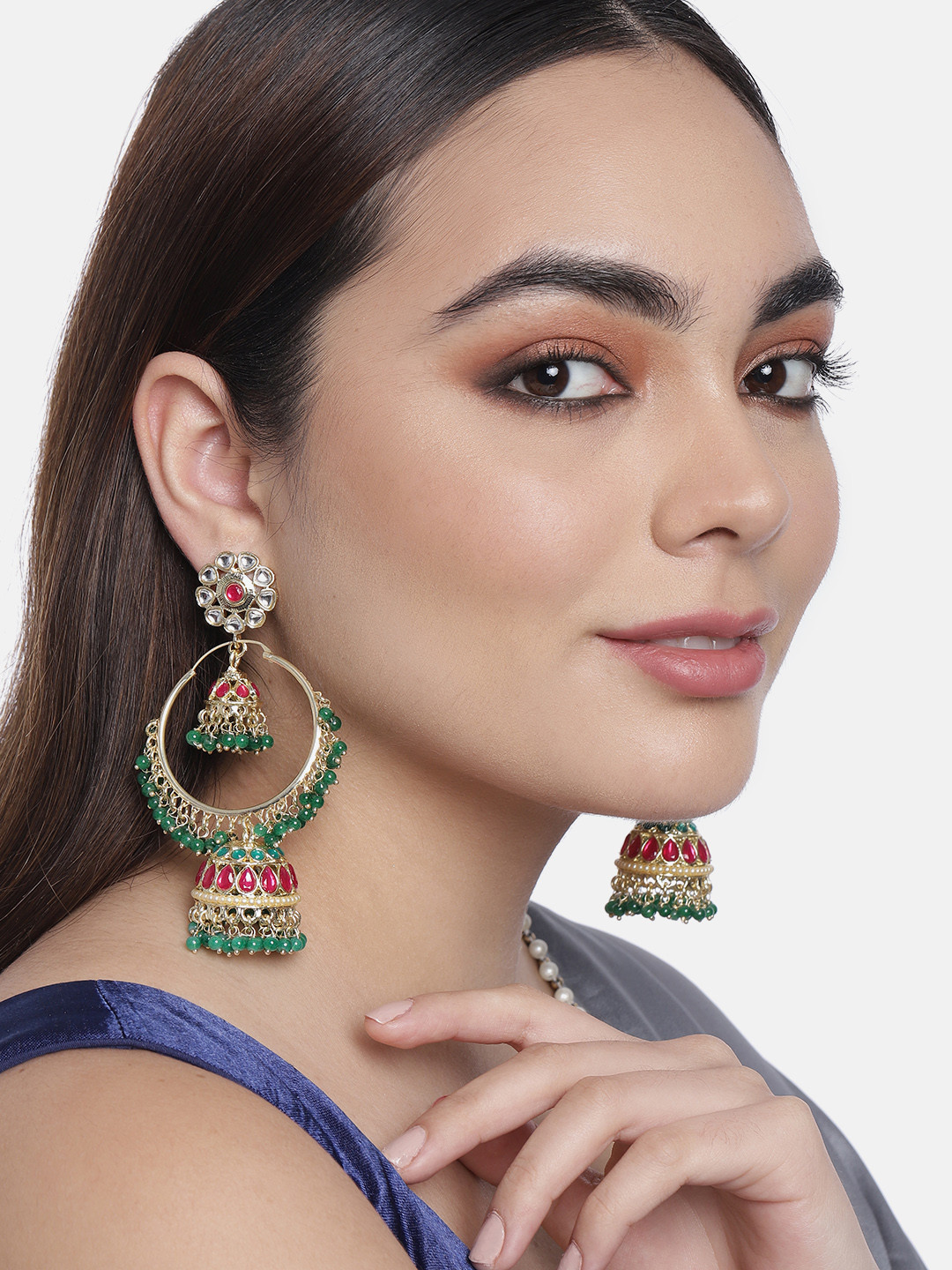 LAIDA Green & Pink Contemporary Hoop Style Jhumka Earrings