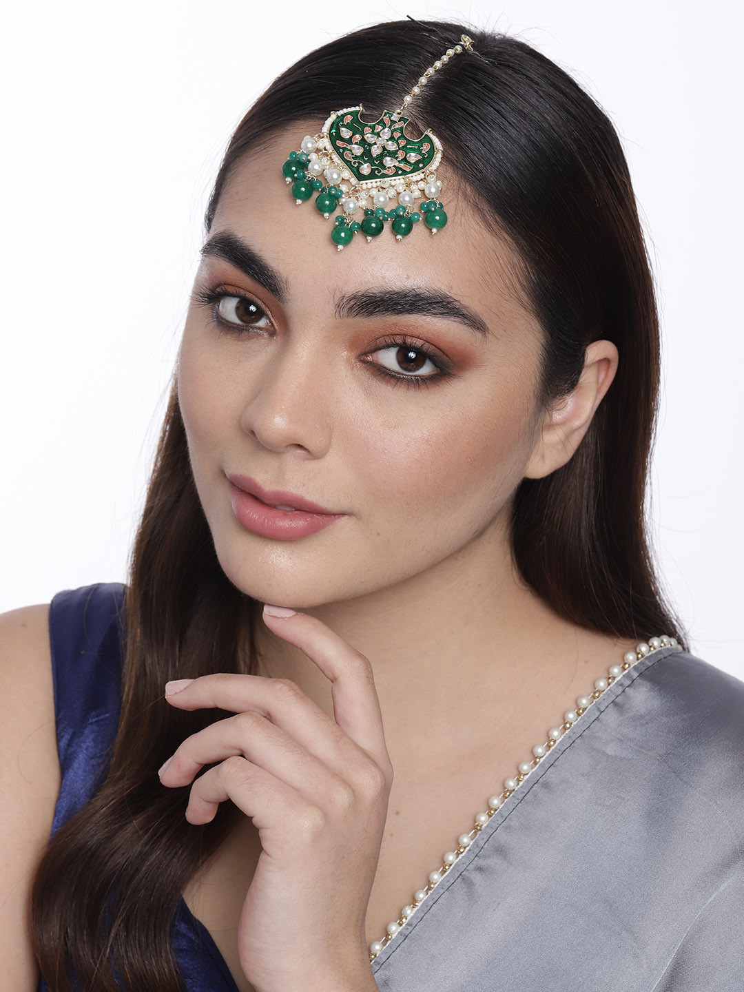 LAIDA Gold-Plated Green & White Enamel Pearl Beaded Maangtikka