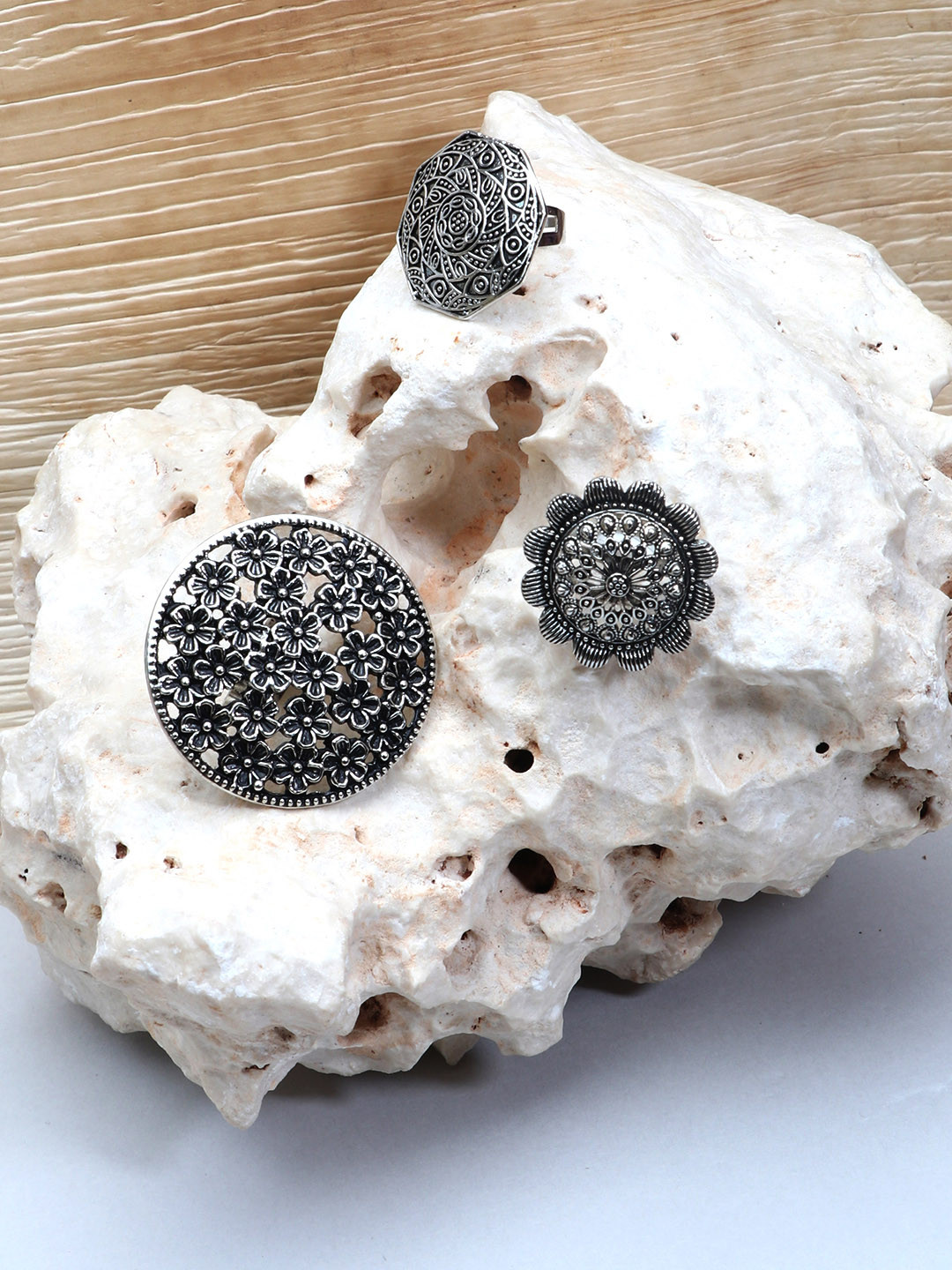 LAIDA Set of 3 Oxidized Silver-plated Adjustable Finger Ring