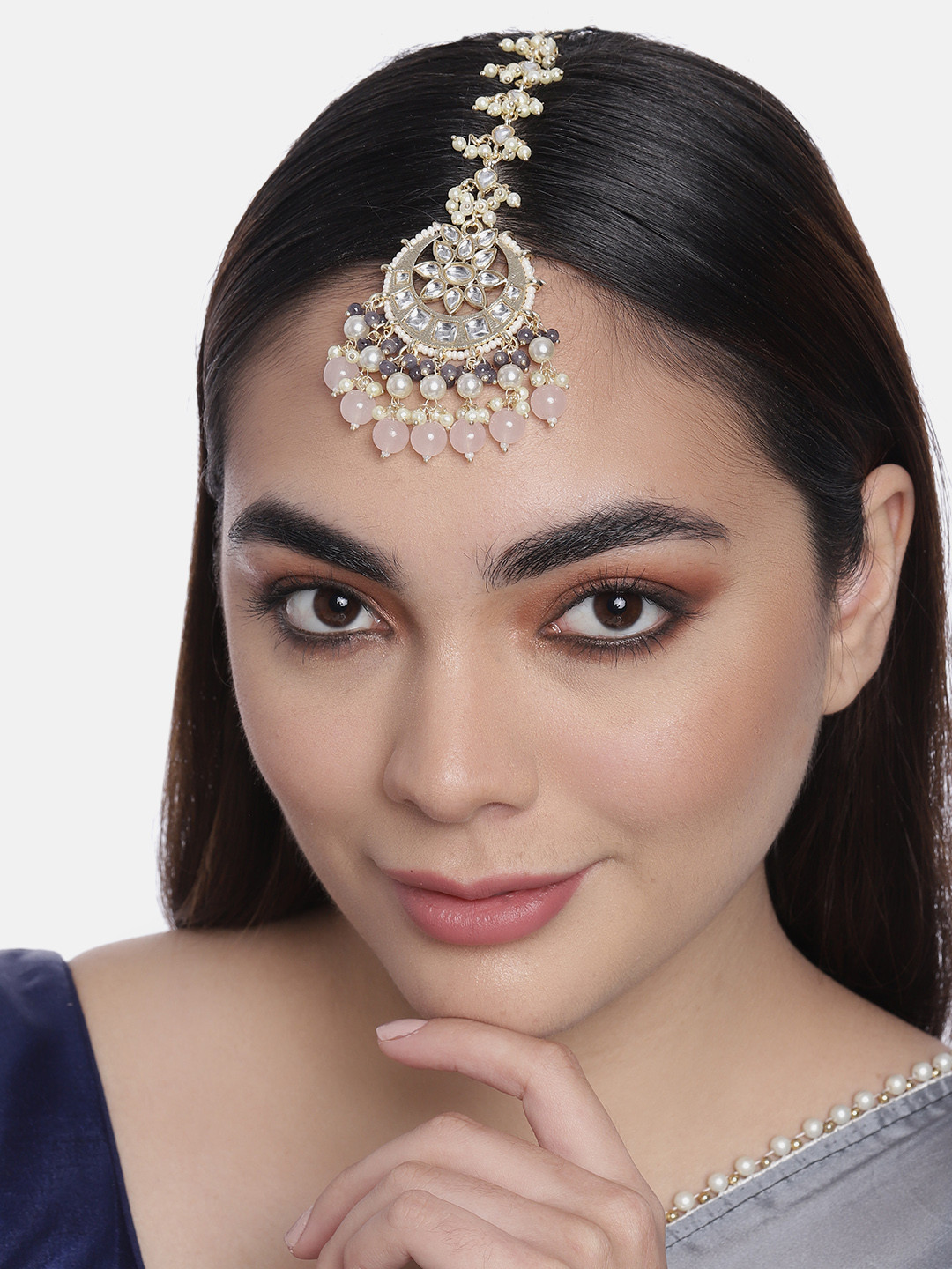 LAIDA Gold-Plated Stones & Beads Studded Chand Style Maangtikka