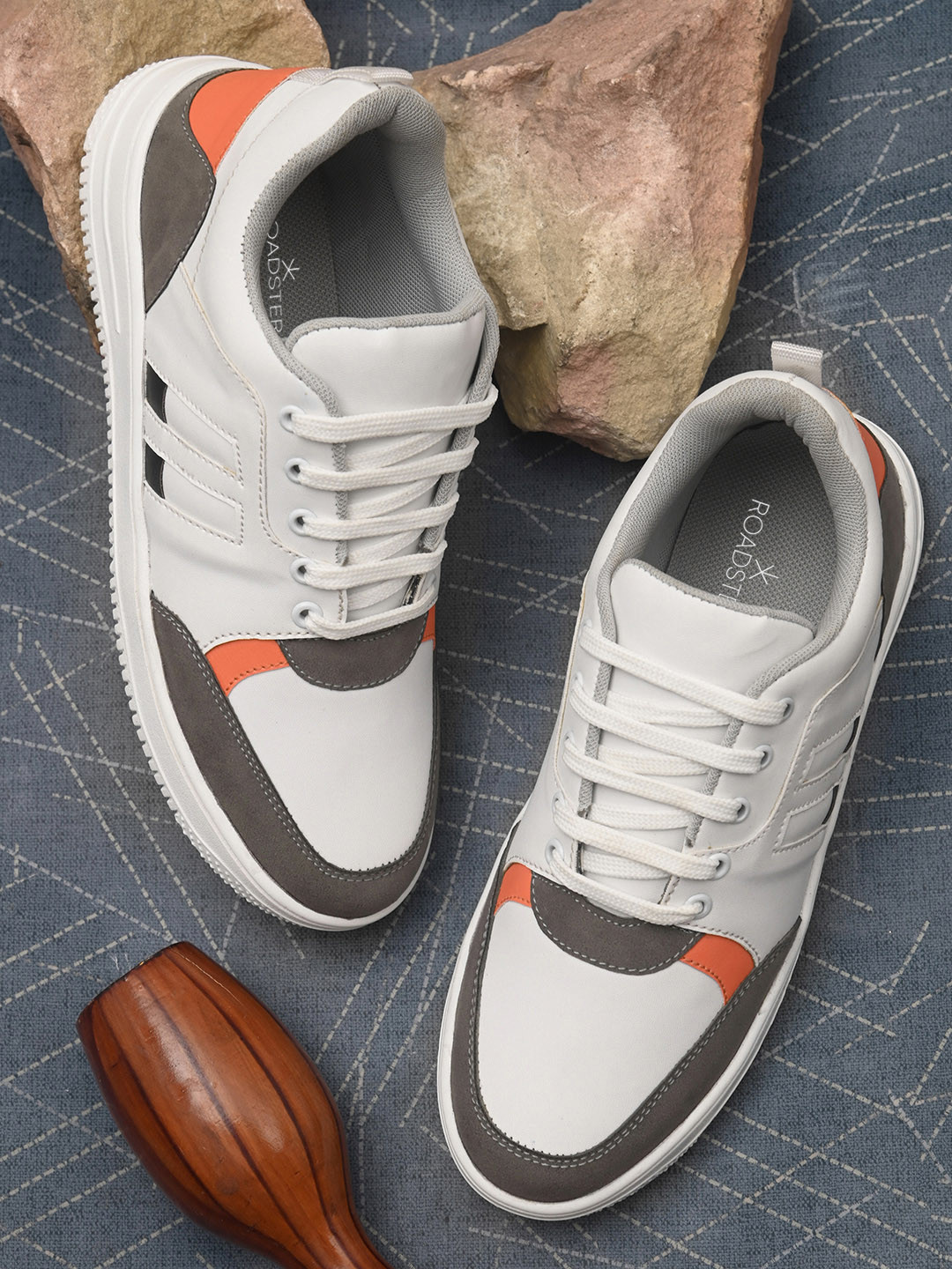 Roadster Men White & Orange Faux Leather Sneakers
