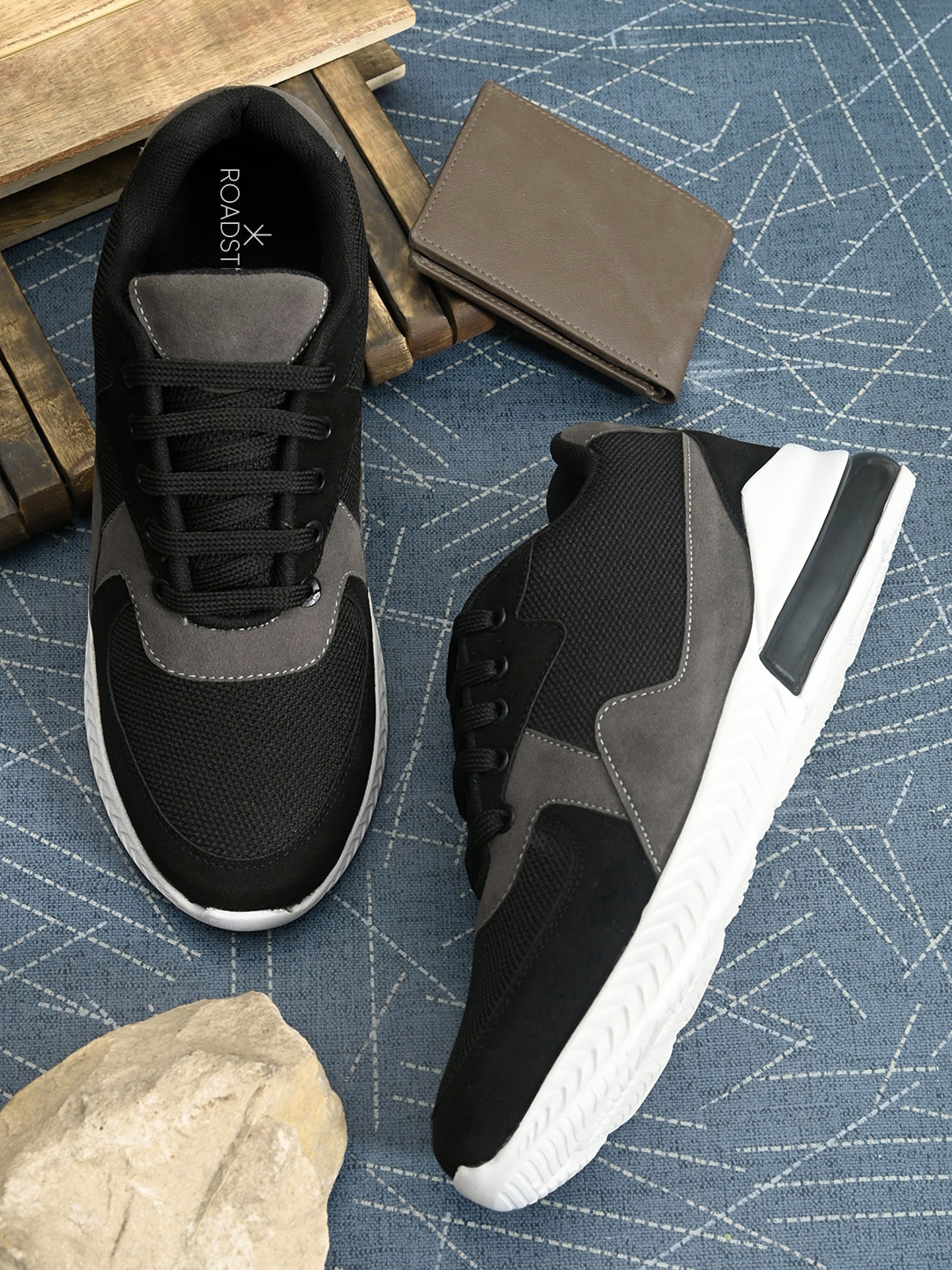 Roadster Men Black & Grey Faux Leather Sneakers