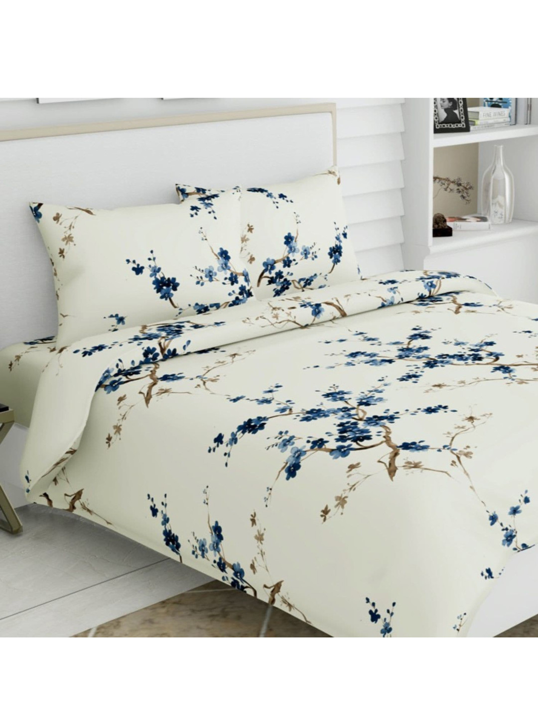 haus & kinder Blue Floral Pure Cotton 186 TC Queen Fine Bedsheet with 2 Pillow Covers-100 x 90 inches
