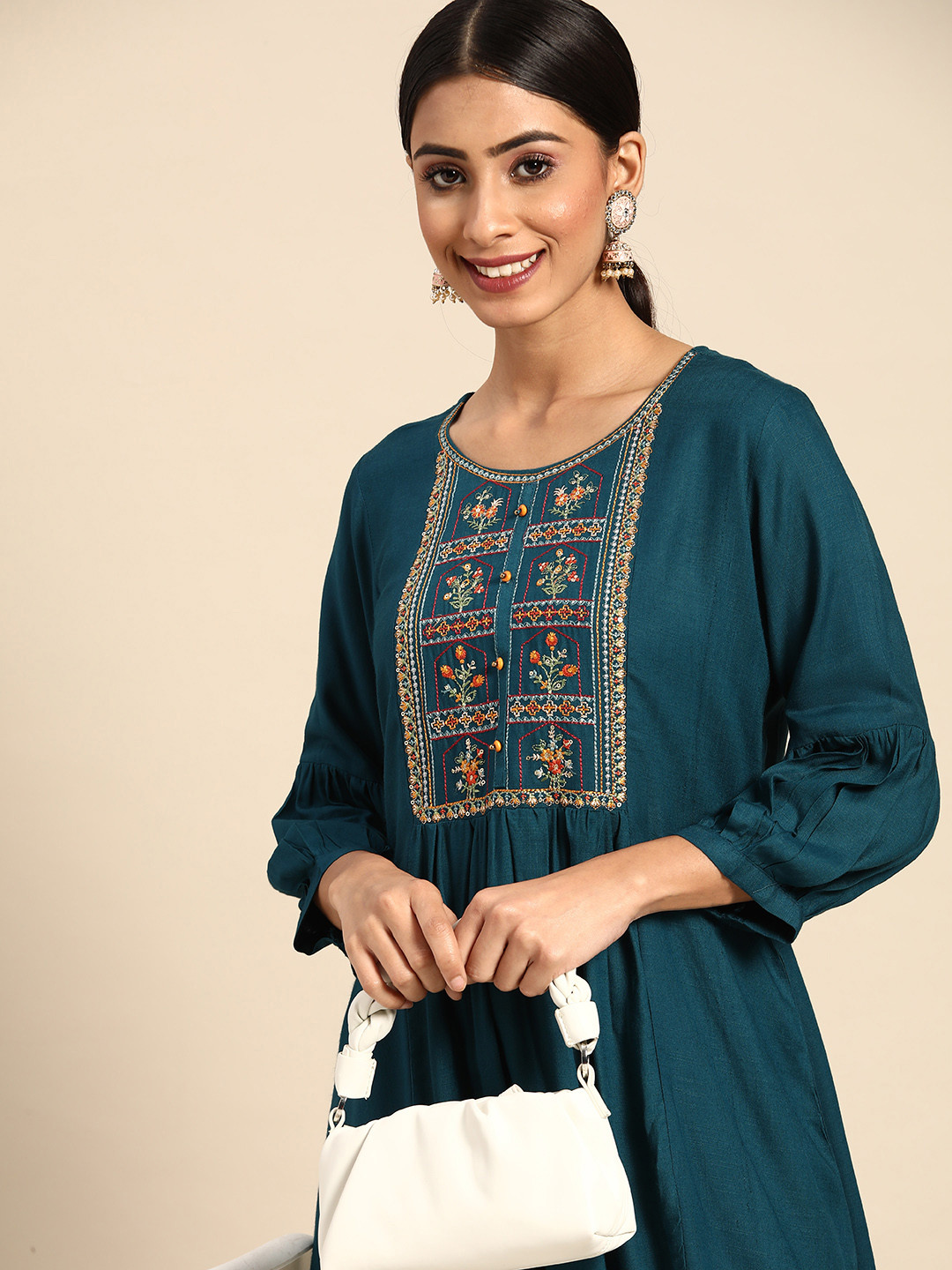 Sangria Teal Blue Floral Embroidered Pleated A-Line Kurti