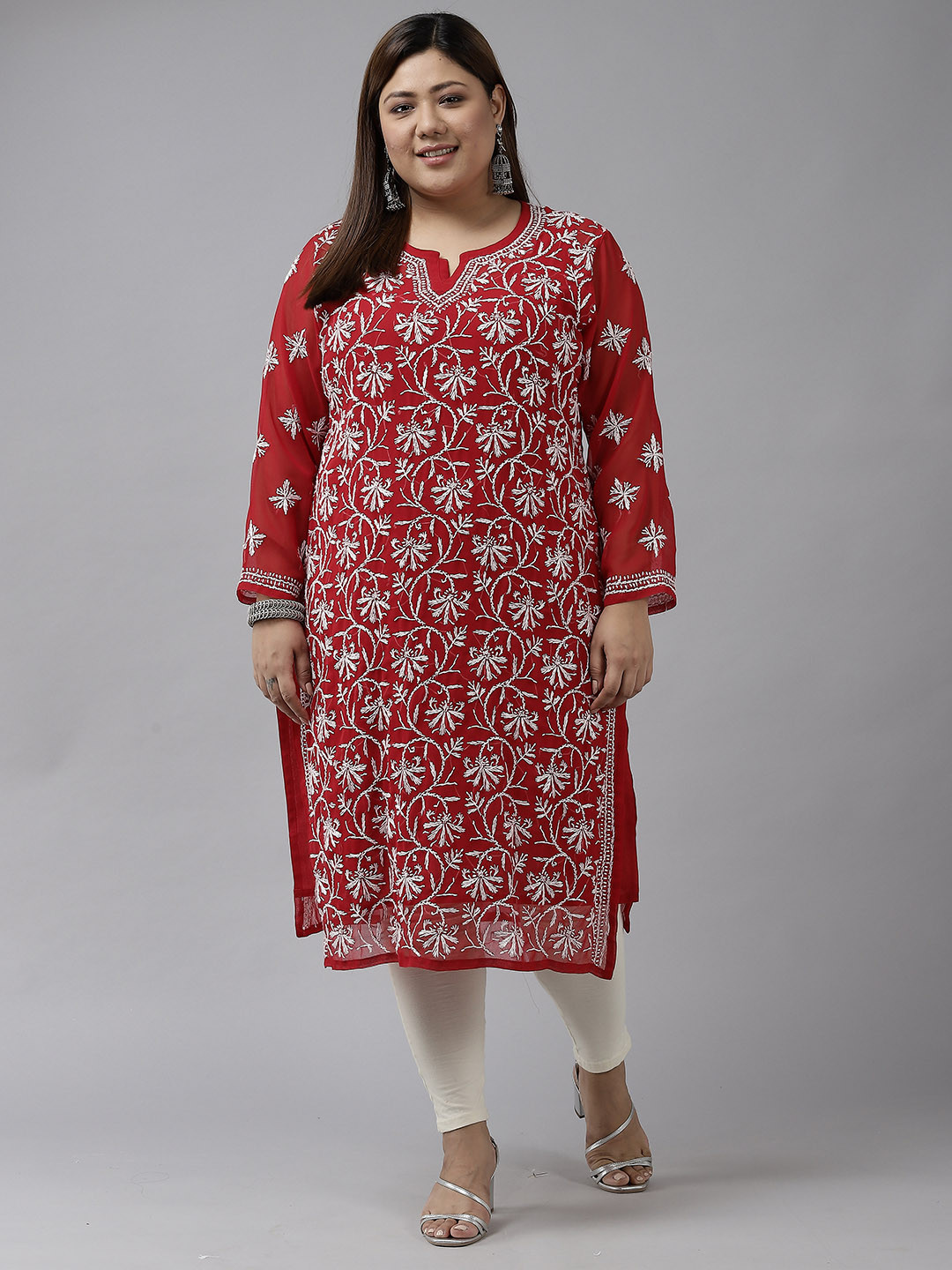 ADA Women Red & White Floral Plus Size Chikankari Georgette Kurta with Slip
