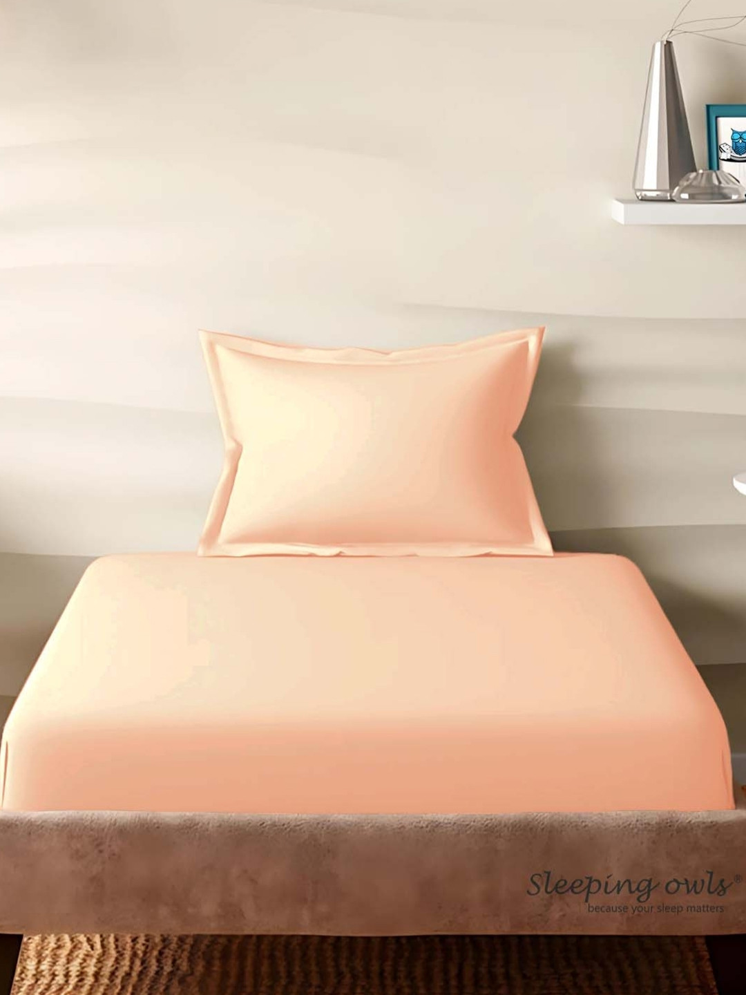 Sleeping Owls- because your sleep matters Peach-Coloured 210 TC Bedsheet