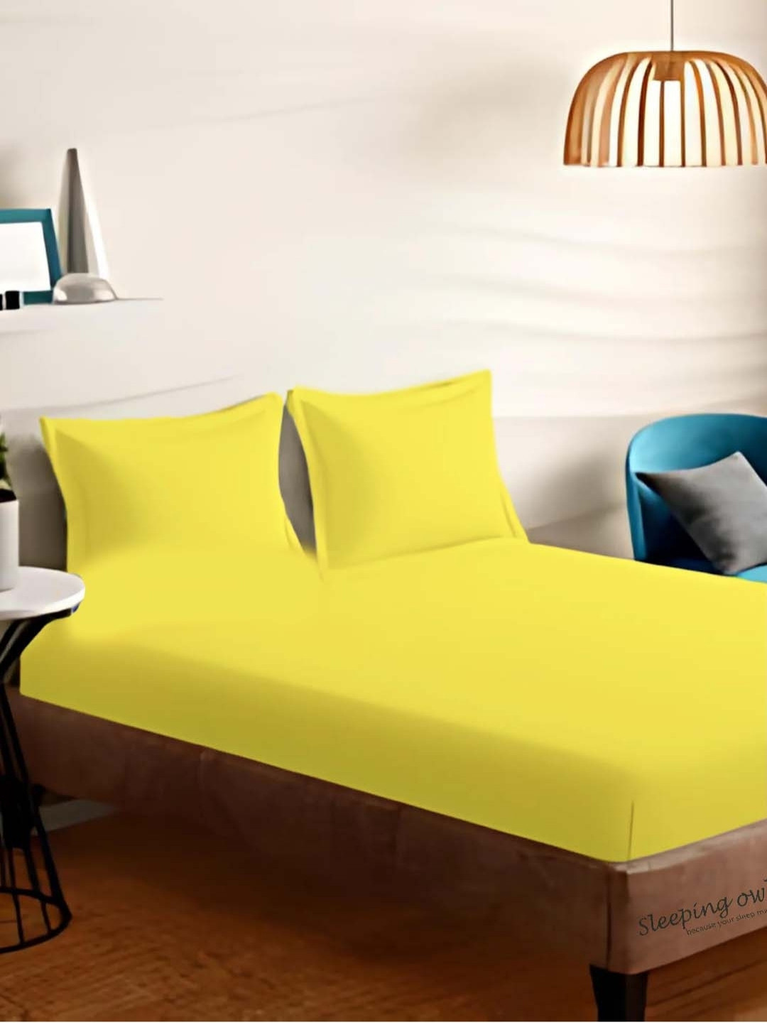 Sleeping Owls- because your sleep matters Yellow 210 TC King Bedsheet