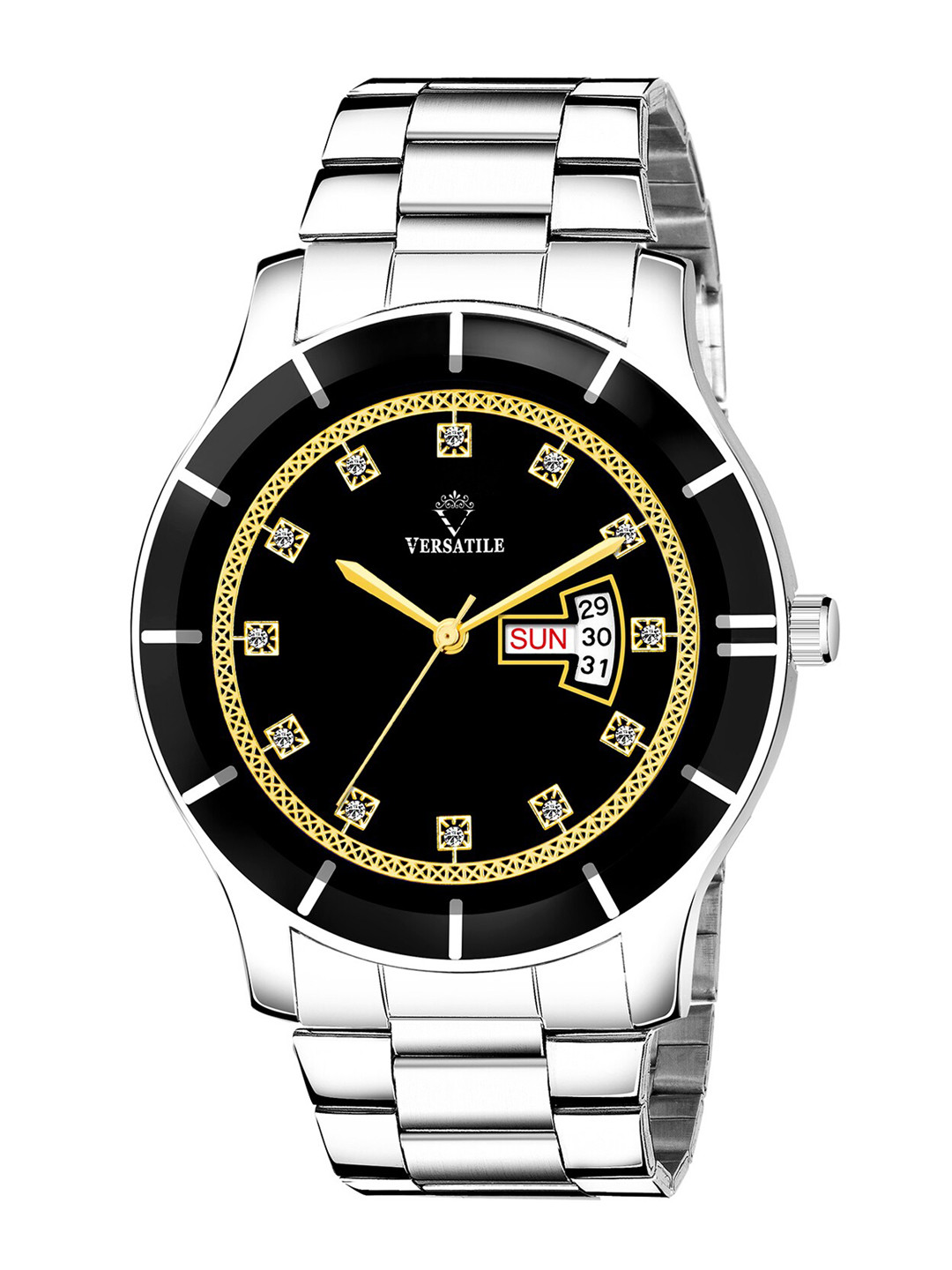 Versatile Unisex Multicoloured Brass Printed Dial & Silver Toned Stainless Steel Bracelet Style Straps Watch