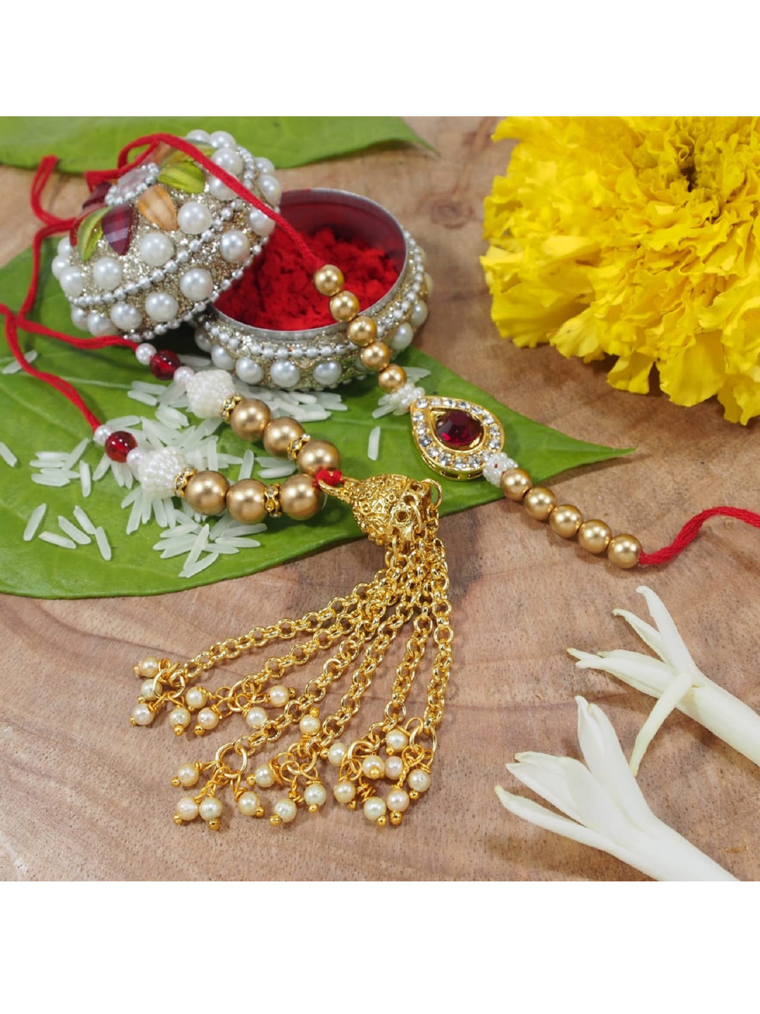 I Jewels Men Set of 2 Pearl Studded and Beaded Lumba Rakhi for Bhabhi