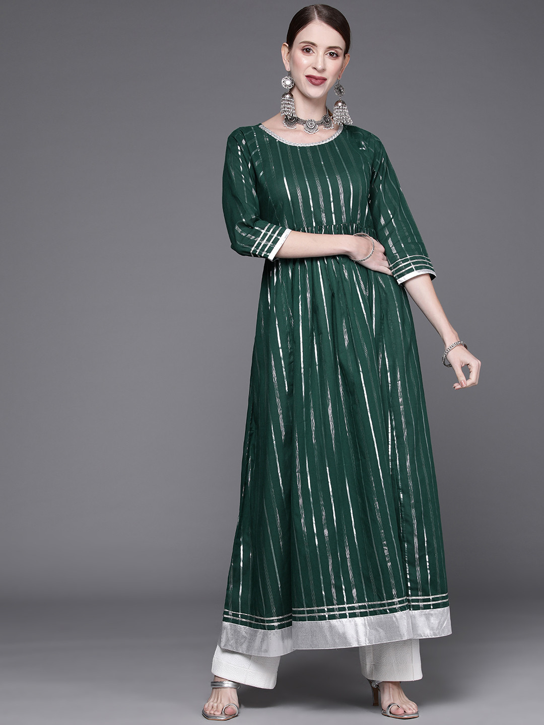 Varanga Women Green & Silver Jacquard Anarkali Kurta