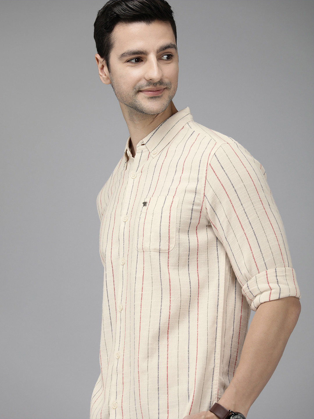 THE BEAR HOUSE Men Beige Linen Cotton Slim Fit Striped Casual Shirt