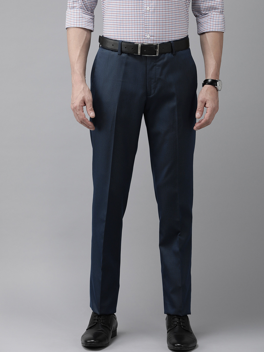 Arrow Men Navy Blue Textured Tailored Formal Trousers