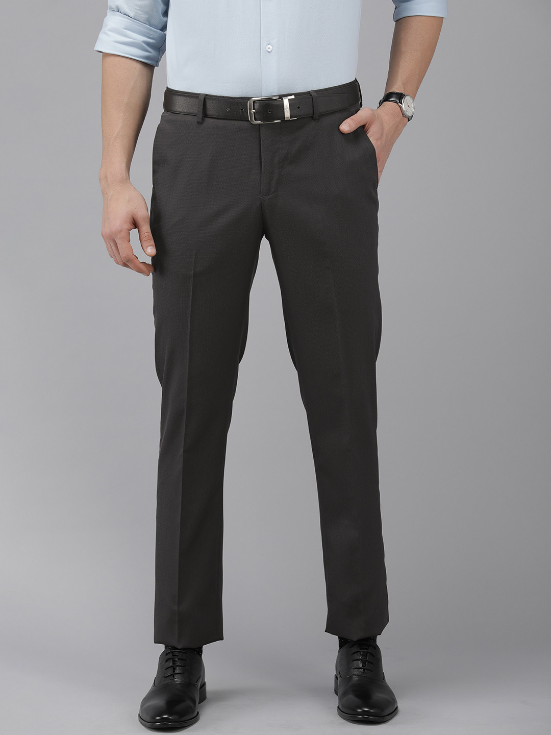 Arrow Men Dark Grey Self Design Textured Mid-Rise Tailored Fit Formal Trousers