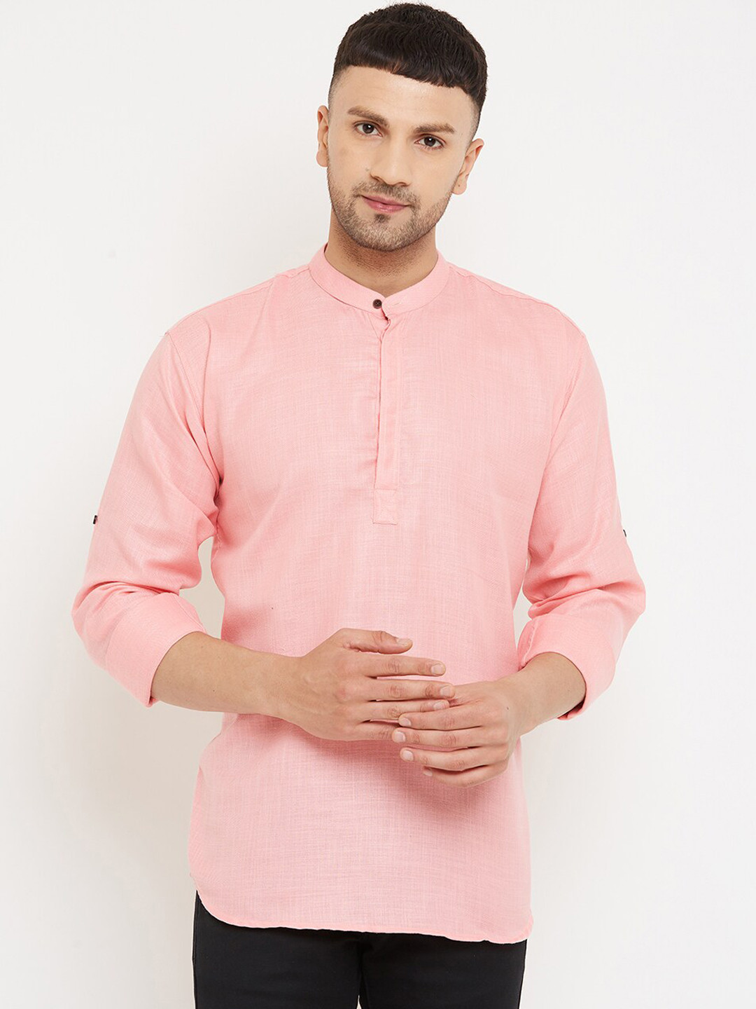 Armaan Ethnic Men Pink Solid Linen Kurta