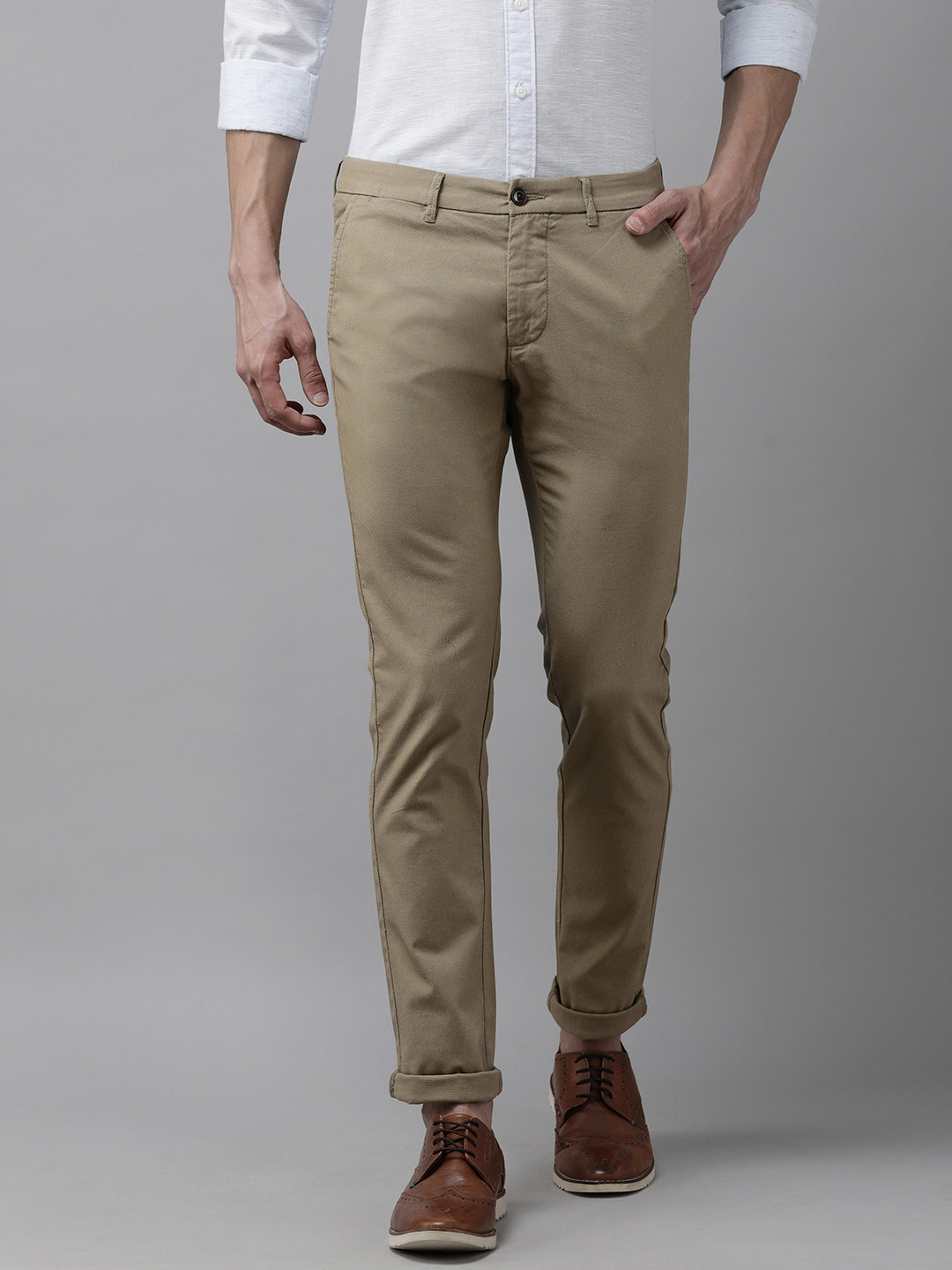 Arrow Sport Men Khaki Textured Self Design Original Slim Fit Low-Rise Plain Woven Trousers