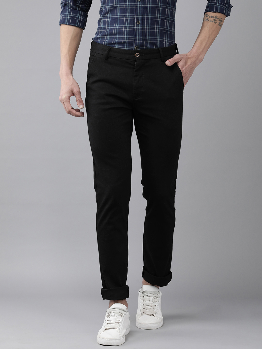 Arrow Sport Men Black Original Super Slim Fit Mid-Rise Plain Woven Flat-Front Trousers