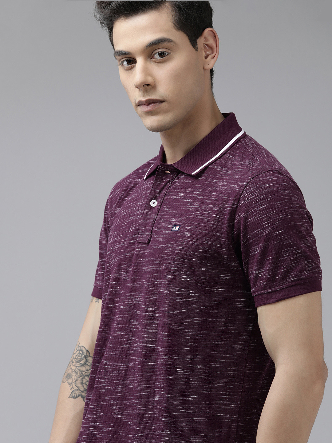 Arrow Men Burgundy & White Self Design Polo Collar Brand Logo Applique T-shirt