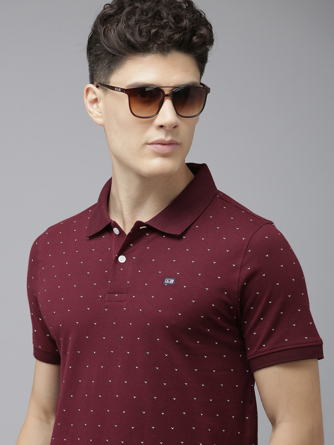 Arrow Men Maroon & White Geometric Printed Polo Collar Pure Cotton T-shirt