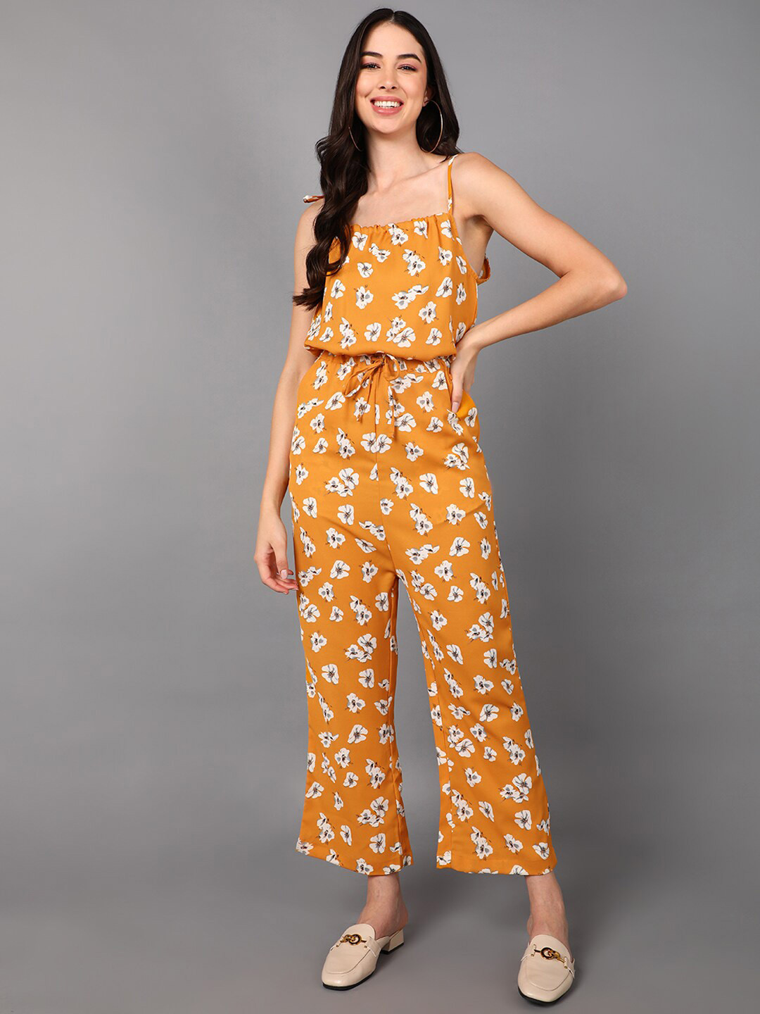 AHIKA Mustard & White Printed Capri Jumpsuit
