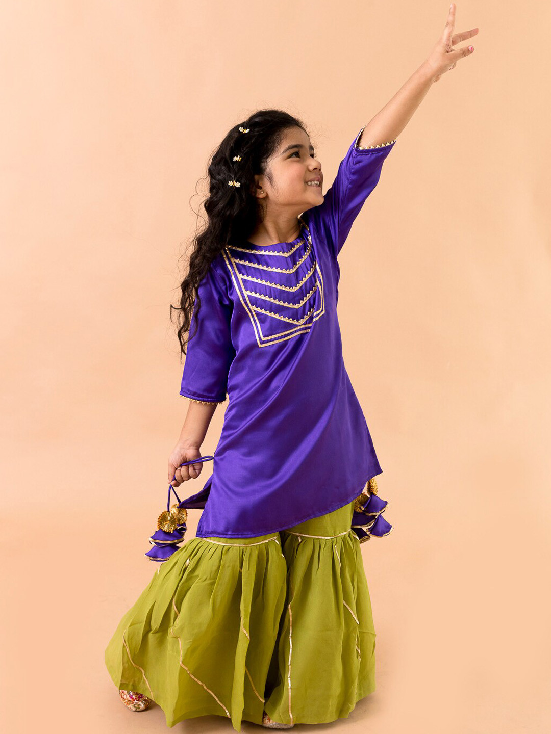 Fairies Forever Girls Blue & Lime Green Gotta Patti Kurta with Sharara