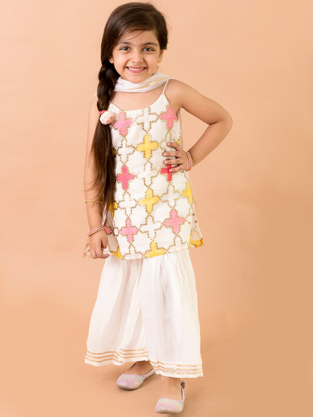 Fairies Forever Girls Off White & Pink Embroidered Kurti with Sharara & With Dupatta