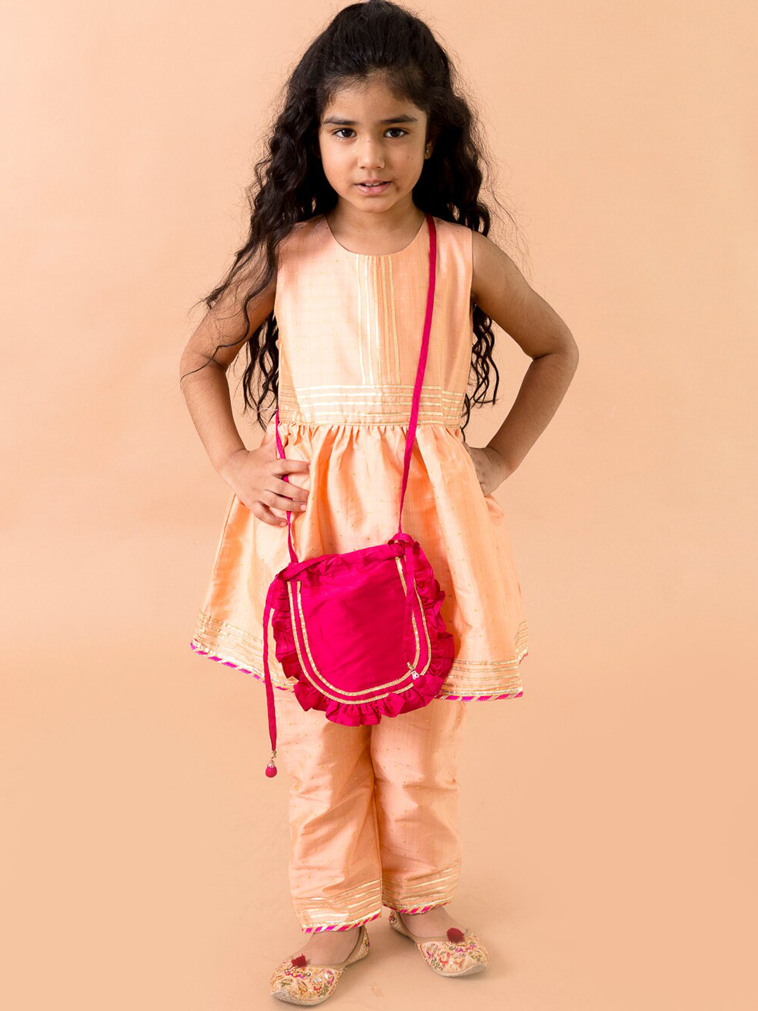 Fairies Forever Girls Peach-Coloured Embroidered Layered Kurti with Dhoti Pants