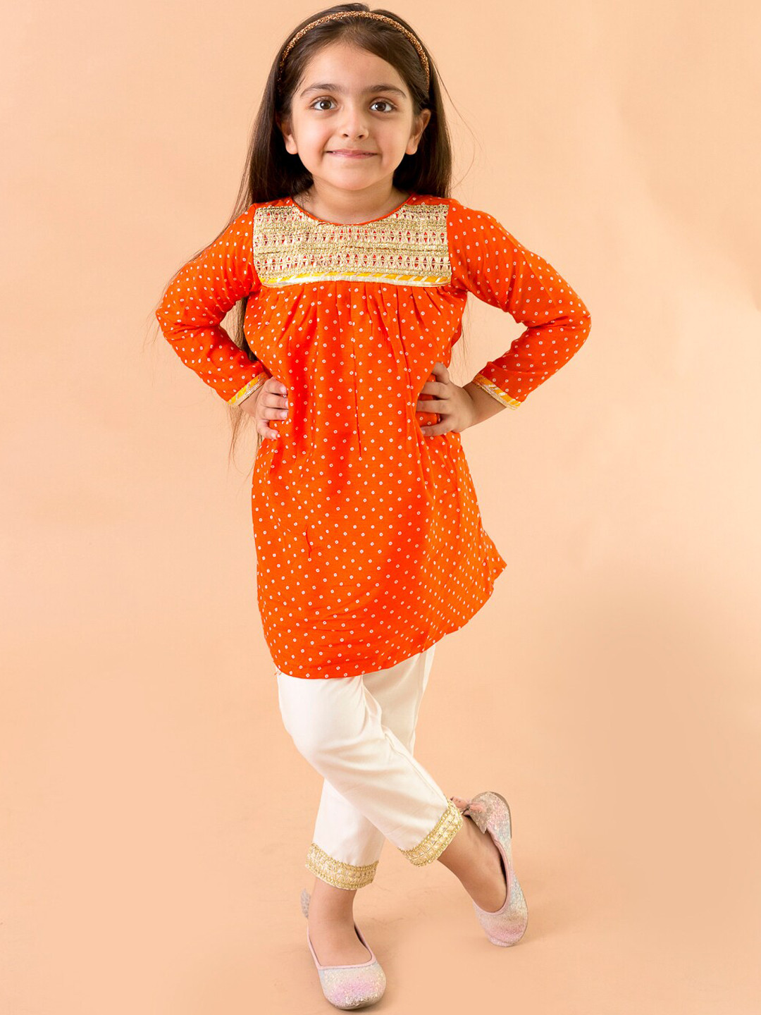 Fairies Forever Girls Orange Ethnic Motifs Yoke Design Angrakha Pure Cotton Kurta with Trousers
